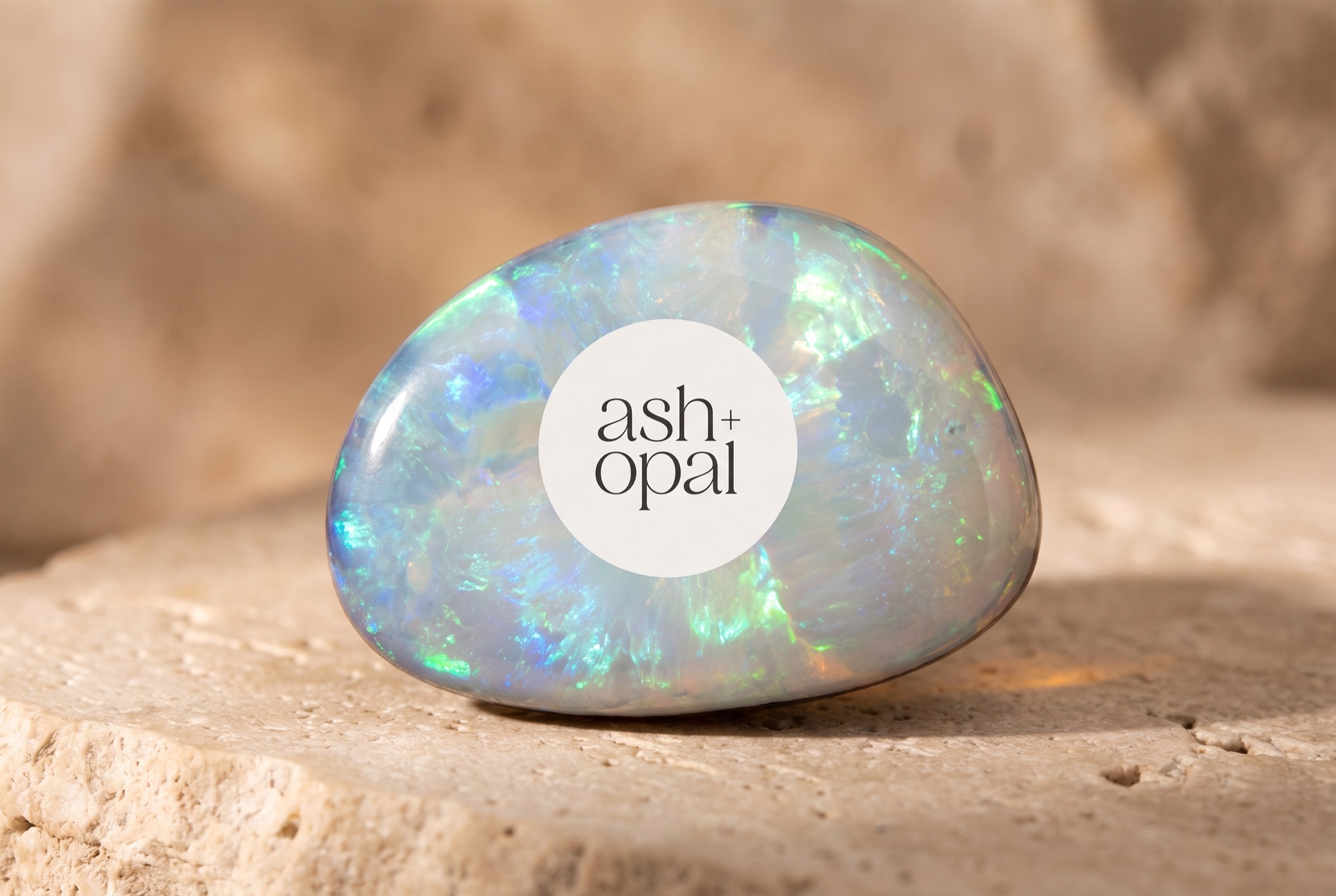 Ash + Opal brand poster — iridescent opal stone on travertine with the circular ash + opal emblem