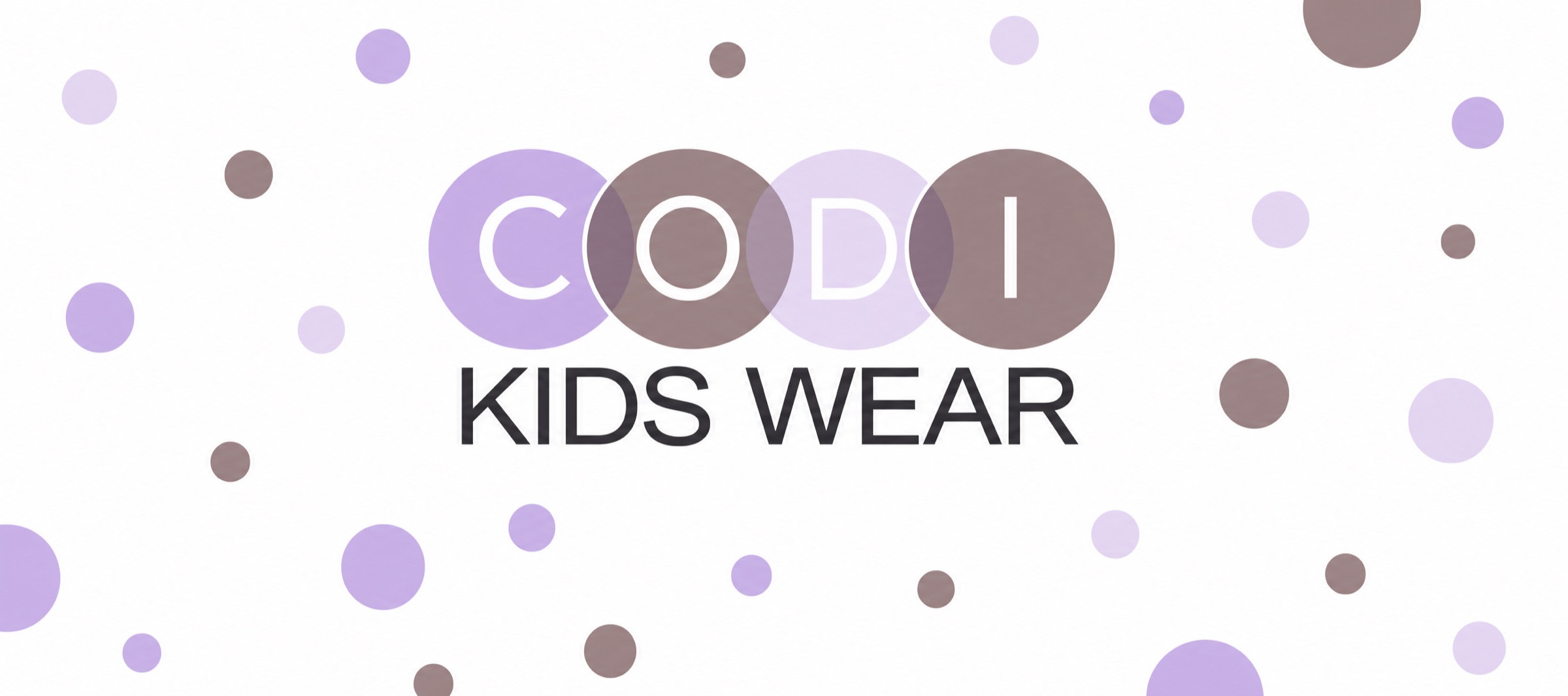 CODI Kids Wear brand poster — the CODI logotype set in overlapping lilac and mauve circles above KIDS WEAR, scattered across a polka-dot field