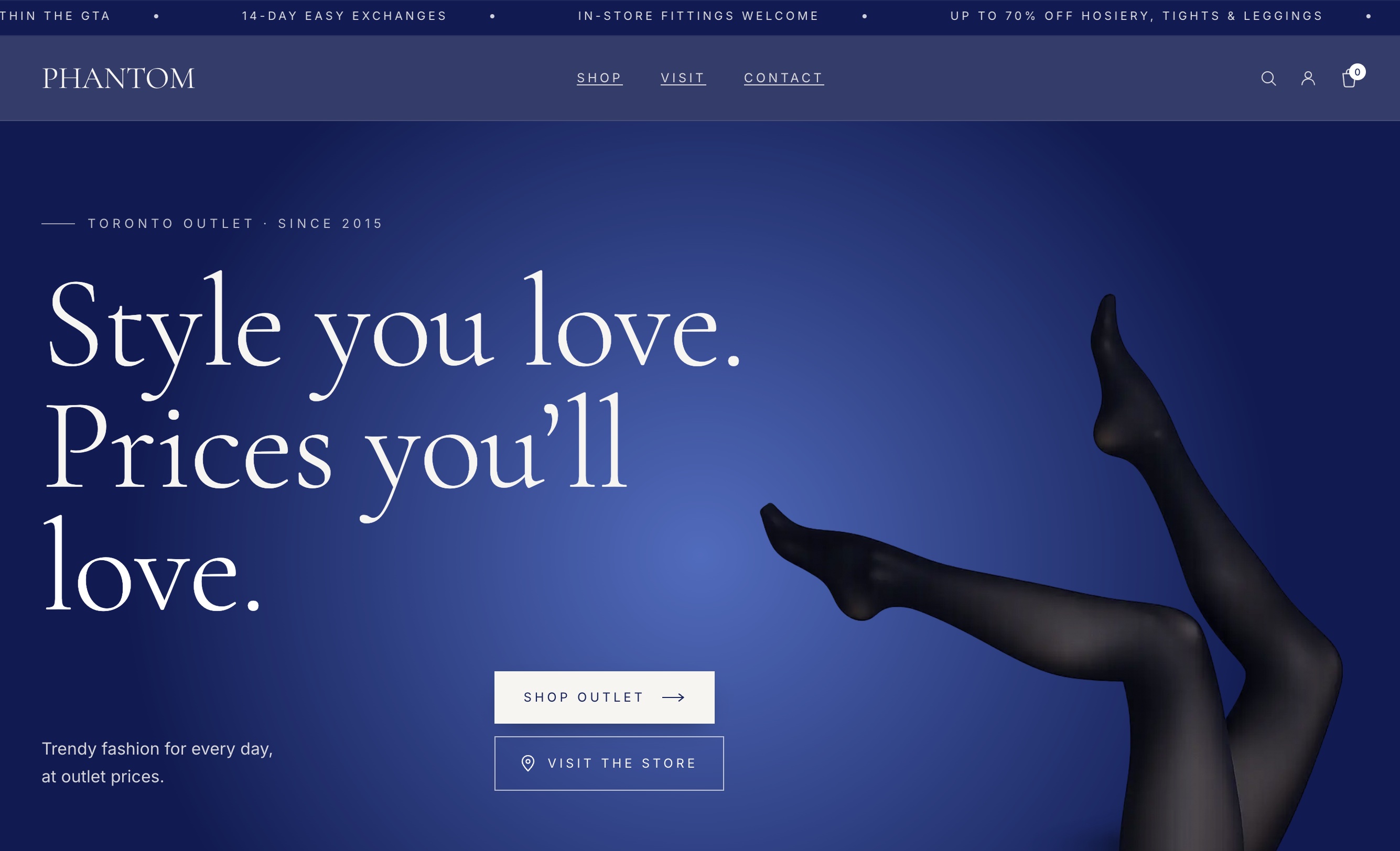 Phantom hosiery outlet homepage — dark editorial layout with large-scale product photography